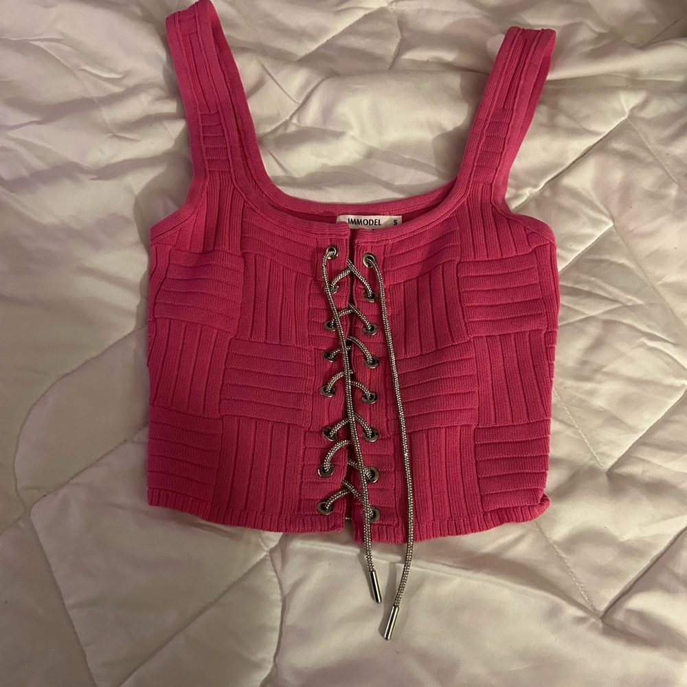 Pink Ribbed Sleeveless Crop Tank Top